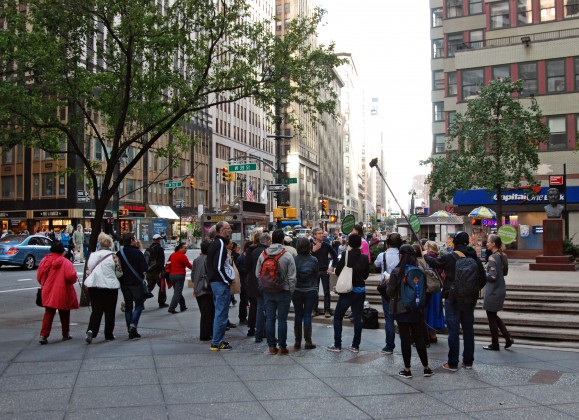 Credit: CaLL walk participants meeting at the corner of 39th and Broadway in New York. CaLL. is an initiative spearheaded by artist Mary Miss to establish a platform for artists, working in collaboration with scientists, urban planners, policy makers, and the public, to make sustainability tangible through the arts. CaLL asks: by what means can we foster roles for artists and designers to shape and bring attention to the pressing environmental issues of our times?