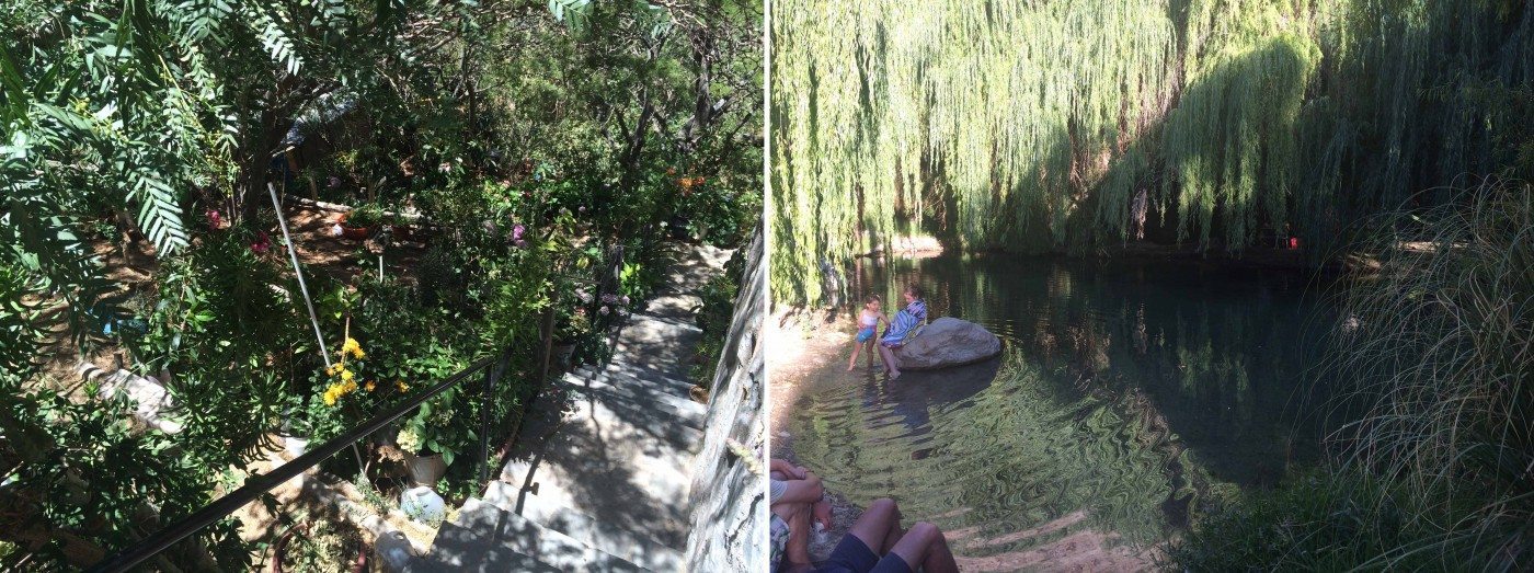 People make use of native and exotics plant species to create their own gardens (left) that help cool their houses, and also make use of natural streams to enjoy life inside the Oasis. Photos: Paula Villagra