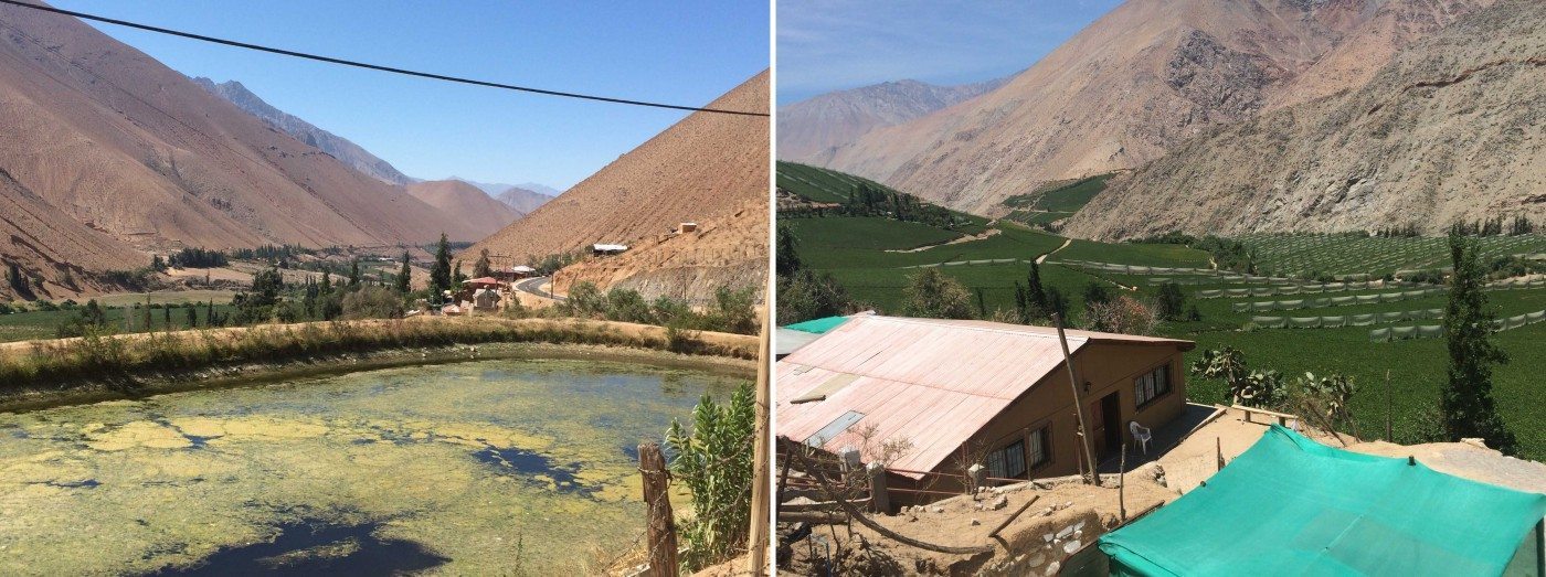 These images show the fragmented human settlement occupation along the Valley (to the left) and of the stratified occupation across it (to the right), where the river is at the lower areas, next to the crops in the flooded areas, and then the housing in the upper zones. Photo: Paula Villagra