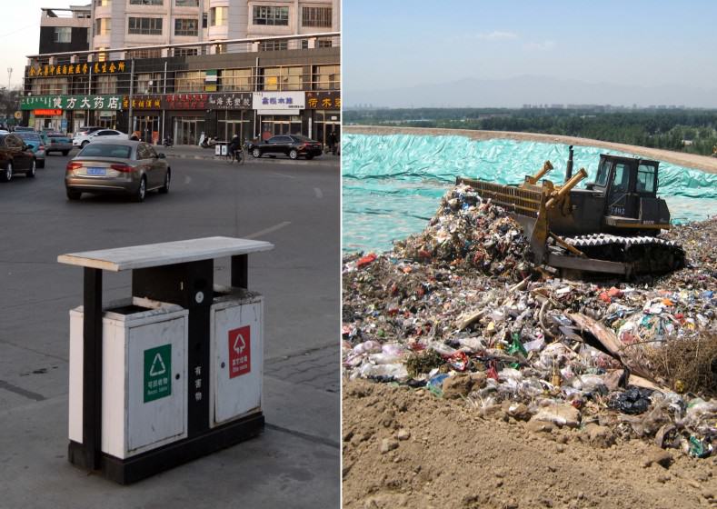 LEFT: these public waste receptacles that seem to suggest that the municipal government manages a recycling program. In fact, trash from bins such as these are usually dumped into one load and sent to landfills and/or waste incinerators. Photo: Judy Li RIGHT: mixed waste at a landfill in the outskirts of Beijing. Photo: Liwen Chen