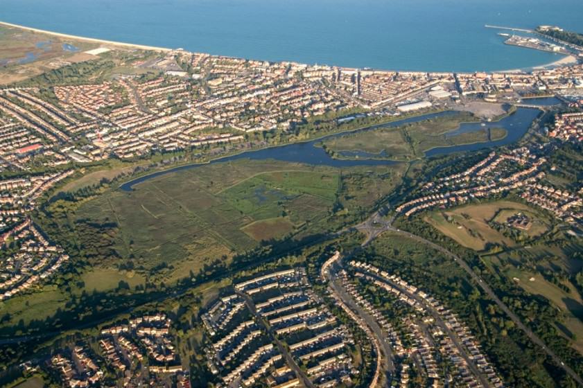 Radipole Lake in Weymouth, Dorset: Aerial view of the nature reserve in the middle of the town. Photo: David Wooton/RSPB