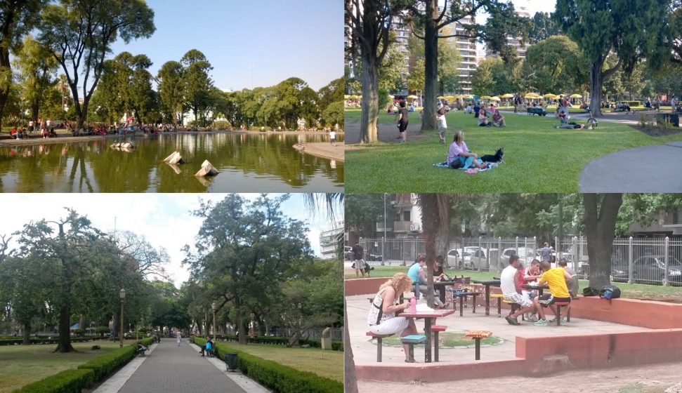 Parks and plazas of Buenos Aires. Centenario and Rivadavia – Parks (above left and right); Misericordia and Pueyrredón Plazas (below left and right). 