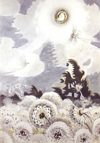 Charles E. Burchfield (1893-1967), Dandelion Seed Heads and the Moon, 1961-1965; watercolor, gouache, charcoal, and sgraffito on lightly textured white wove paper faced on 1/4-inch-thick laminated gray chalkboard, 56 x 39 5/8 inches; Karen and Kevin Kennedy Collection. https://www.burchfieldpenney.org/collection/object:l2010-001-058-dandelion-seed-heads-and-the-moon/