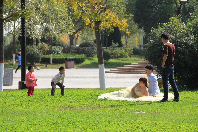 One of the public parks in Yangling. Lawns are prohibited for public use in Chinese parks, but they are nevertheless actively used by visitors
