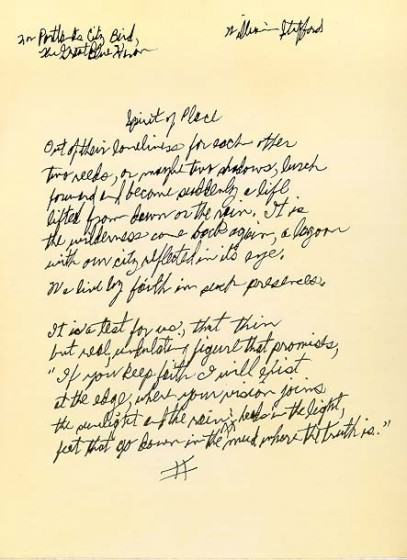 Oregon Poet Laureate, William Stafford original hand written poem, Spirit of Place