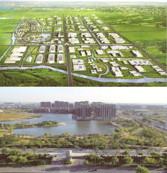 Qingpu Industrial Zone digital rendering (left) and green space (right) (Source for both: Shanghai Qingpu Industrial Zone)