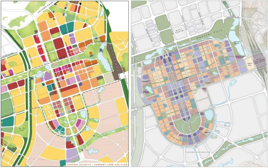 Comparison of superblock design in the original plan (left) and smaller mixed neighborhood design in the new plan (right) for Chenggong New Town. Source: China Sustainable Energy Program of the Energy Foundation and Calthorpe Associates (2011).