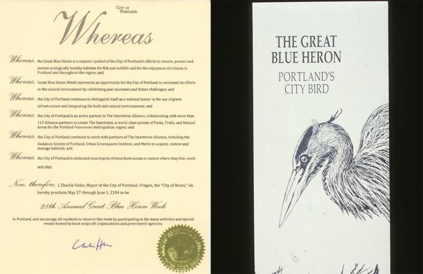 LEFT: City of Portland official proclamation,courtesy City of Portland) RIGHT:  the author with City Council and Bob Sallinger, Audubon Society of Portland, 2011)