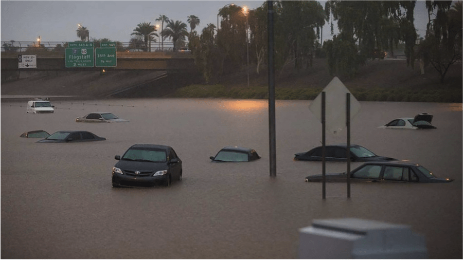 Phoenix, Arizona USA was brought to a halt by a single storm on September 8th, 2014.  Local climatologists called it a 500-year event when it rained 10-15cm in less than 24 hours. Photo: Twitter/Michael Chow