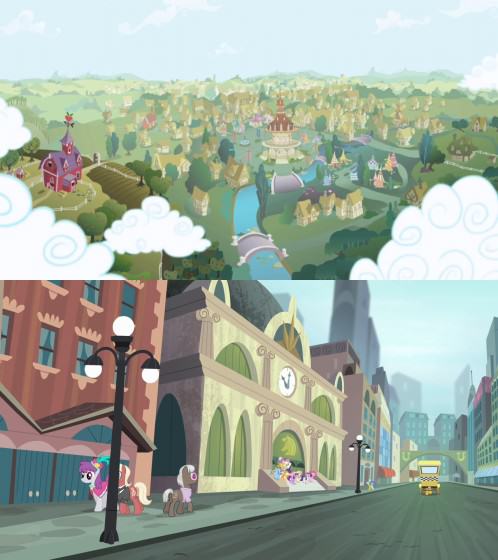 Rural landscape of Ponyville (above) and urban landscape of Manehattan (below) in My Little Pony: Friendship is Magic. Images: http://mlp.wikia.com