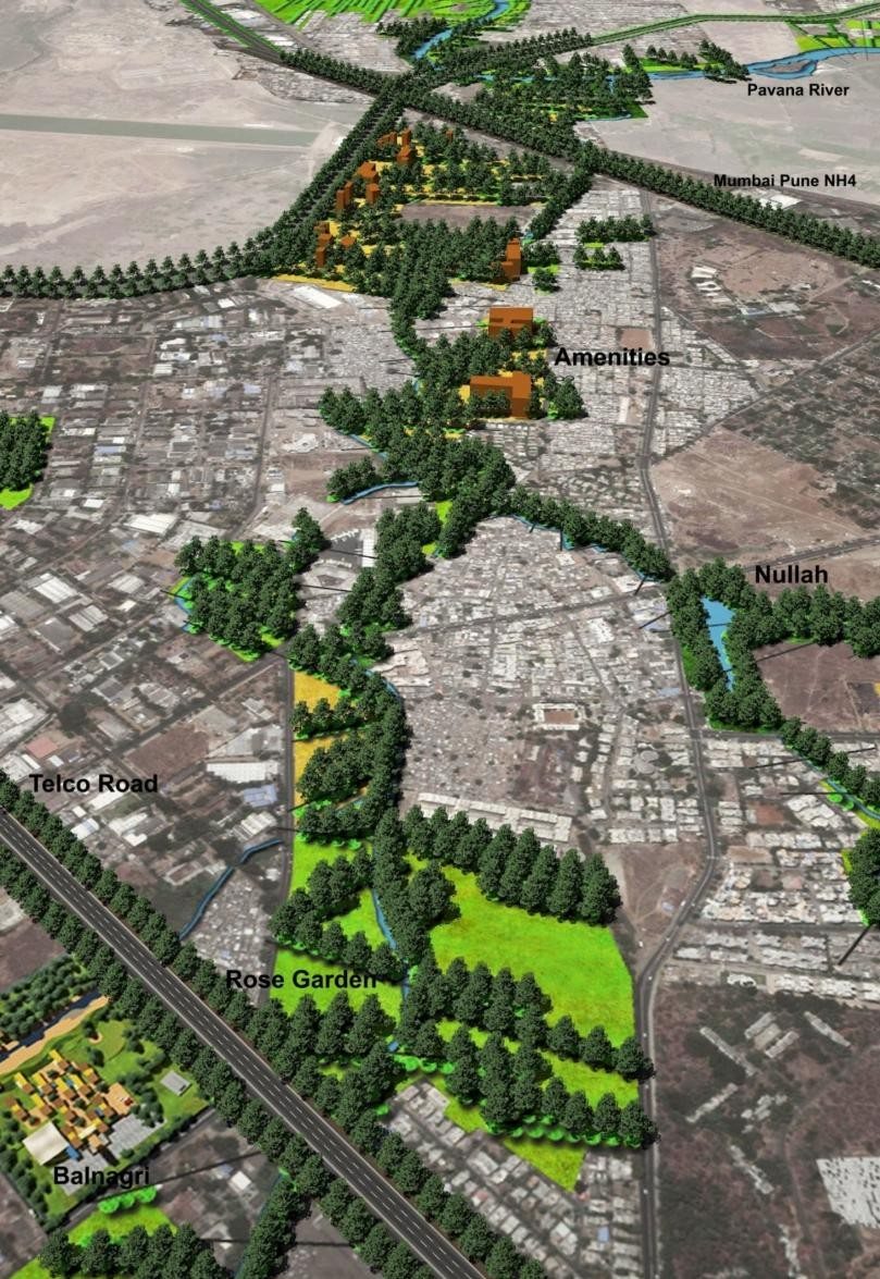 Pimpri Chinchwad Networking Plan: Central Park. A network of green corridors and a central park in a plan by this author for Pimpri Chinchwad town in the state of Maharashtra, India. Credit: PK Das & Associates