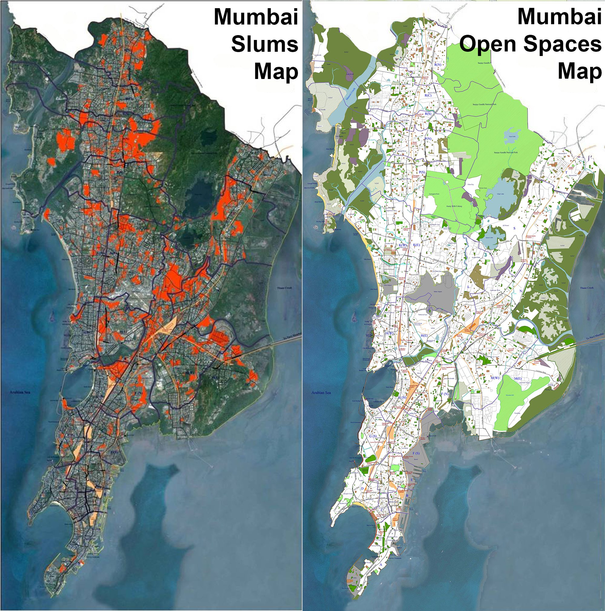 CAPTION: Left: Slums & open spaces mapping (in red) carried out by Nivara Hakk and this author in the year 2012, is the first comprehensive viewing of the slums occupied areas. Right: the vast extent of natural areas (in green) of Mumbai, bringing out facts that expose many myths and bluffs. Both these efforts brought critical data to public view.