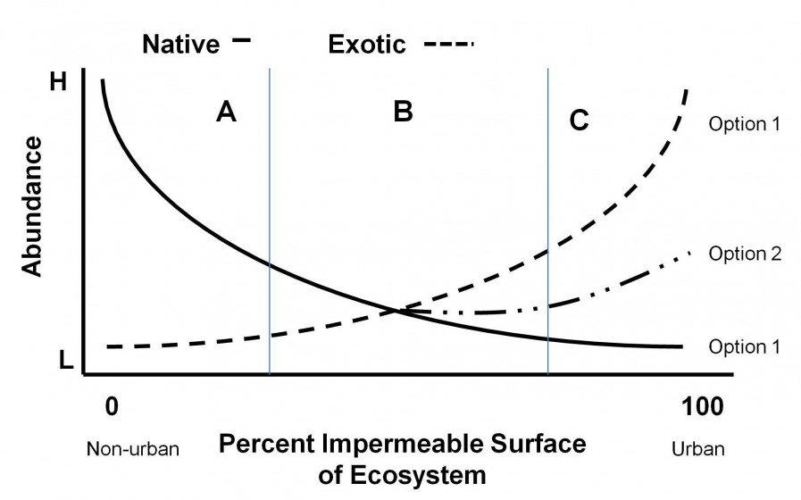 A continuum of nativism showing the relationship between percent impermeable surface of an ecosystem and the abundance of native and exotic species. The value of native and exotic species will vary along the continuum, as will the feasibility and cost of maintaining native species. Option 1 illustrates the abundance of native and exotic species as ecosystems become highly urbanized. Option 2 illustrates an alternative outcome if planning, design, management and restoration activities are implemented to maintain native species in urbanizing ecosystems.