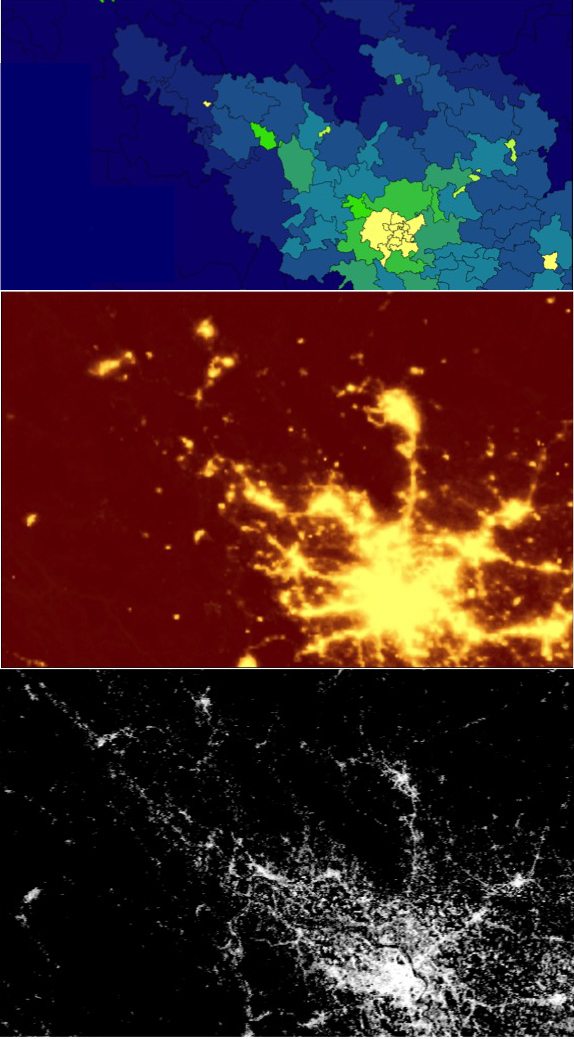 Hanoi depicted in Census Districts, in Night Lights and in Global Human Settlements Layer. Source: Sorichetta 2015