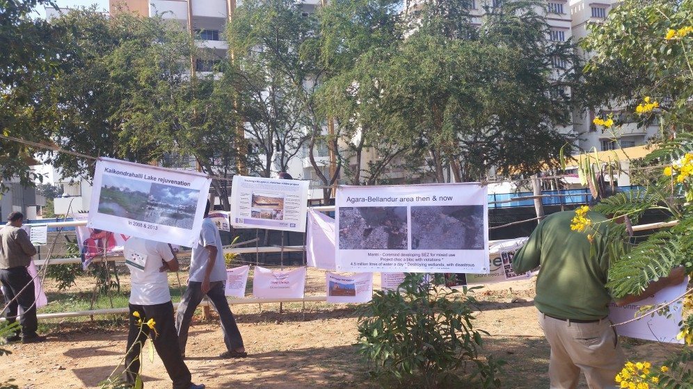 6. A protest at Kaikondrahalli lake about construction in the sensitive lake zone valley floodplains