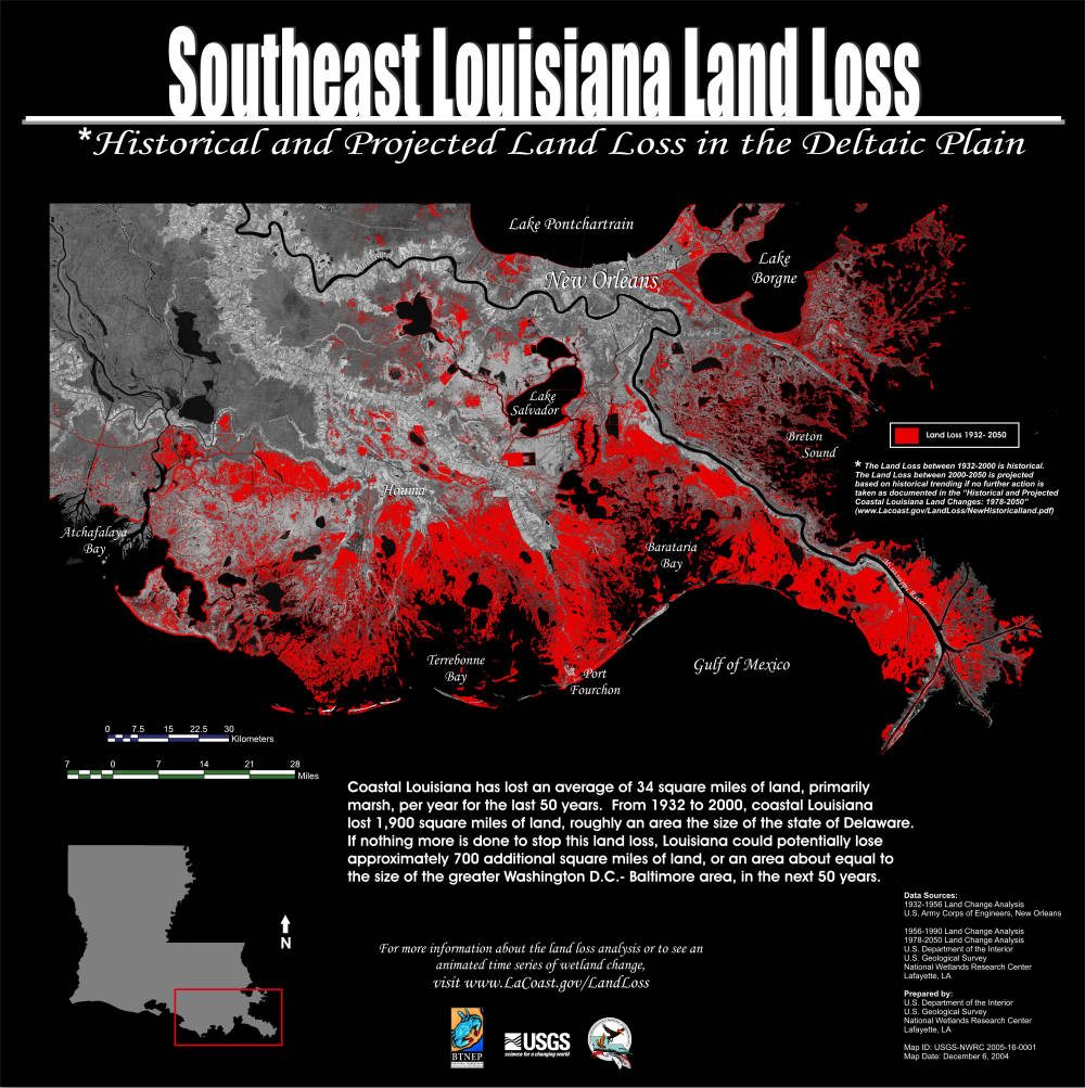 Figure 1. Louisiana Land Loss, 1932 projected through 2050 without major diversion of the Mississippi River.