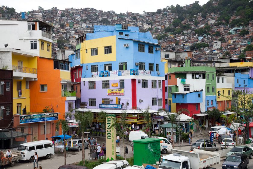 Colorful houses at the base of the Rocinha Favela in Rio de Janeiro, Brazil. Image shot 2010. Source: Alamy.com