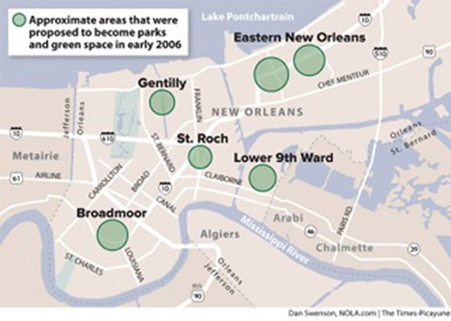 A 2006 plan commonly known as the “Green Dot Map” proposes converting low-lying neighborhoods into parks after Hurricane Katrina. Image: The Times-Picayune