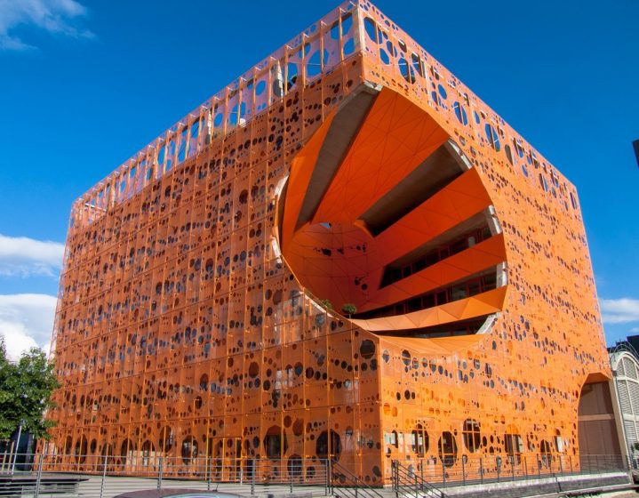 The Orange Cube, in Lyon, France, was designed by Jakob+ MacFarlane, Architecture as is a bird-friendly building.