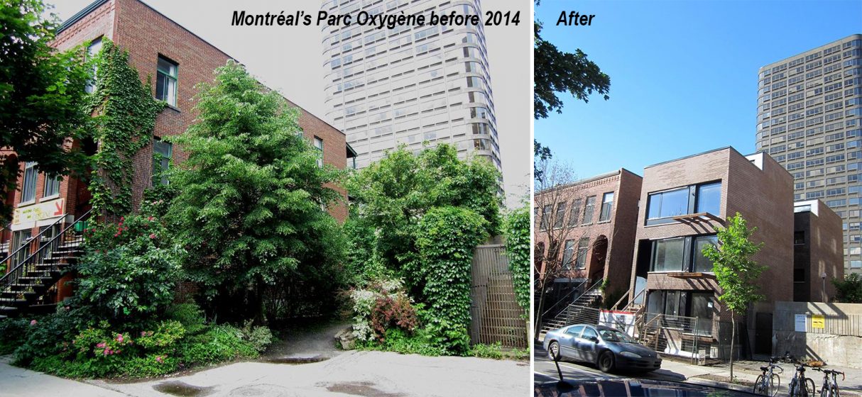 Parc Oxygène before, as a community created amenity, and after it was returned to grey infrastructure.