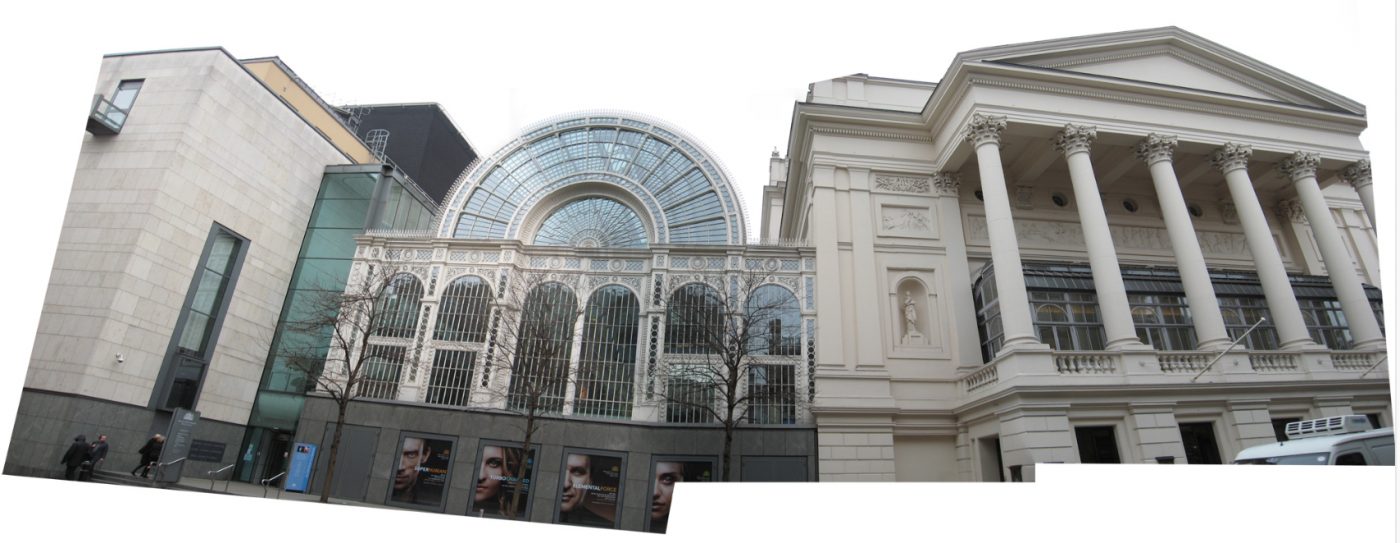 The street façade of London’s Royal Opera House was extended twice, once with symmetries of the column patterns in a new context, and a second time (on the left) with barely any symmetries at all beyond the bare materials.