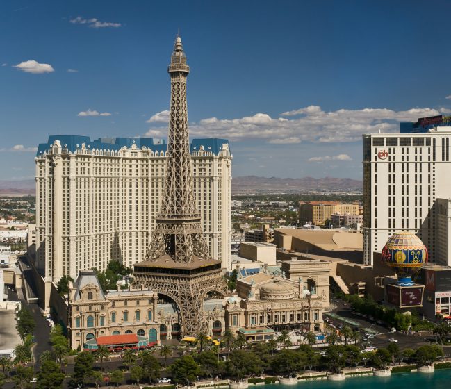 Paris Las Vegas as seen from the Bellagio on a sunny summer day in the afternoon.