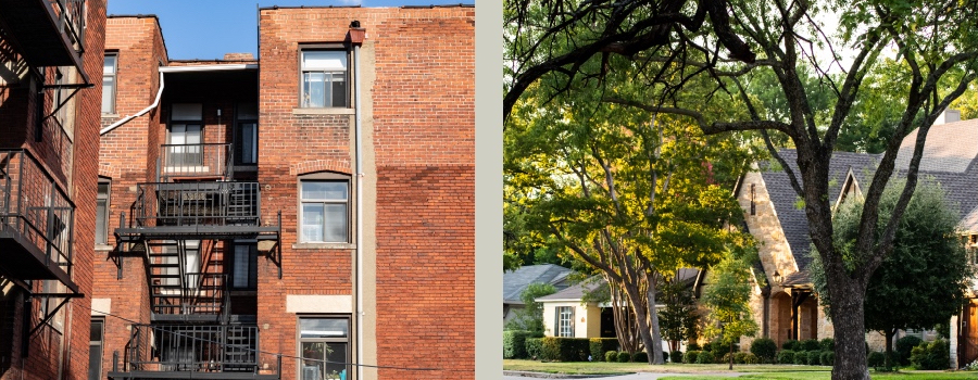 A brick building. A suburban yard.