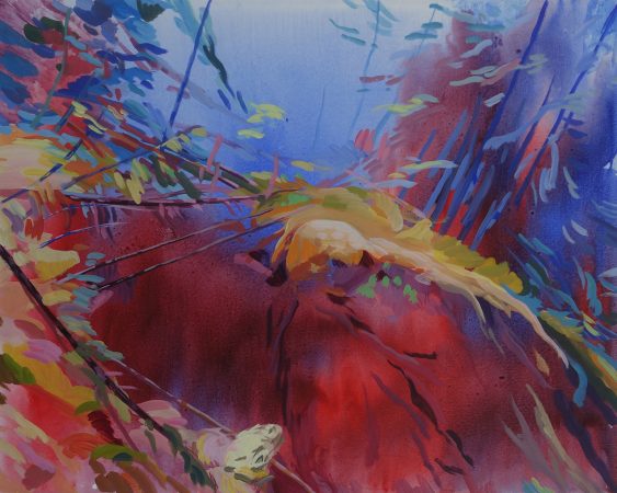 A nature painting by Nikki Lindt in reds, yellows, greens, and blues.