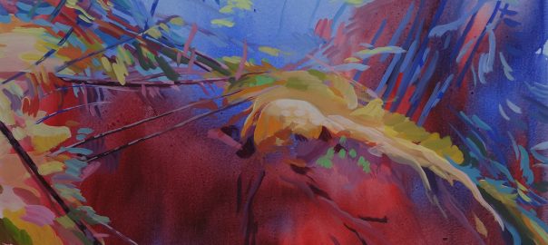 A nature painting by Nikki Lindt in reds, yellows, greens, and blues.