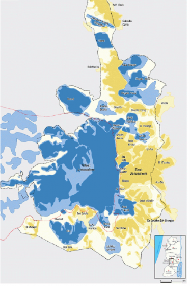 A map of Palestinian and Israeli living areas