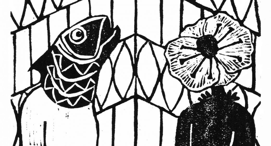 An illustration of a fish-headed person and a flower-headed person
