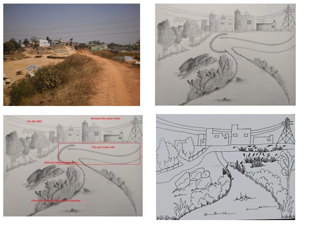 Four pictures of a dirt road transformed into an illustration of a landscaped area