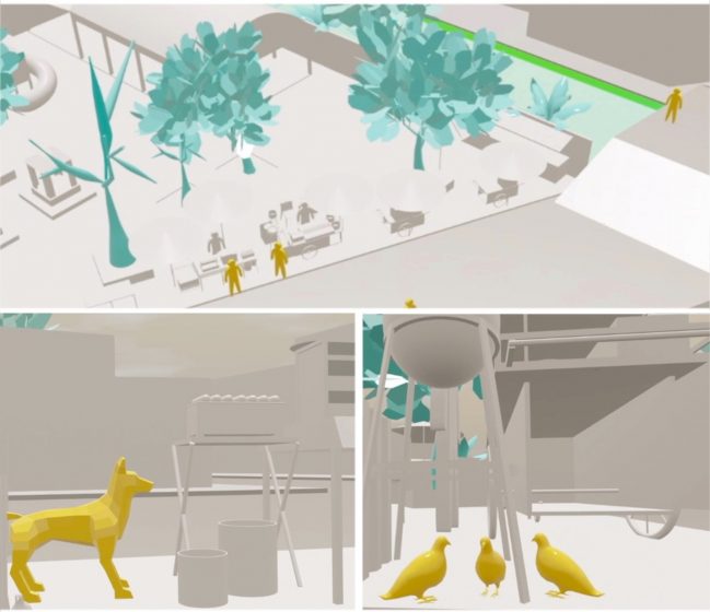 A digital model of a street market, including dogs and birds