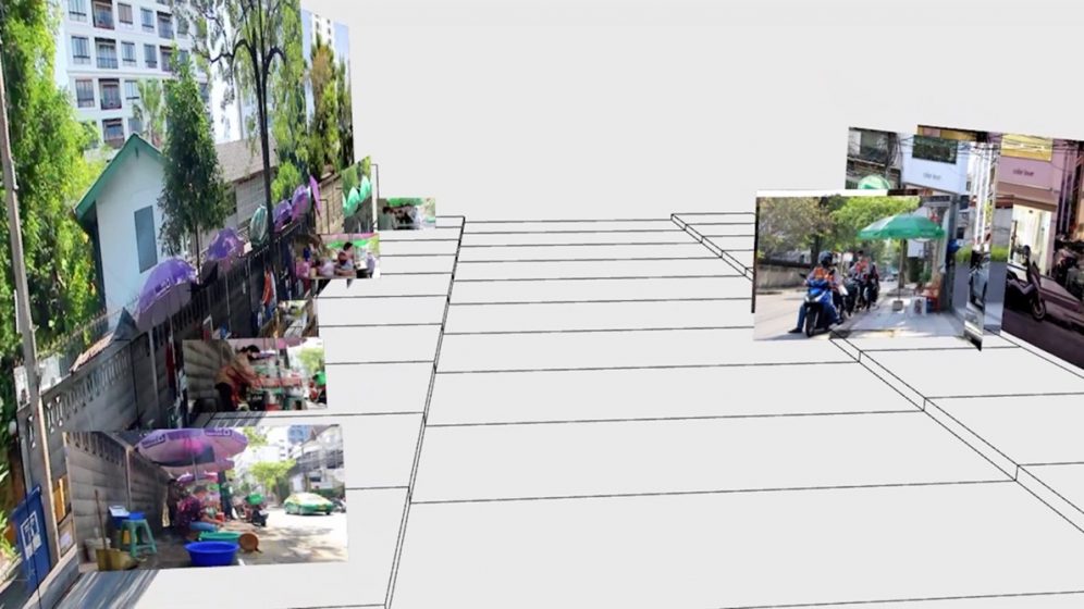 A digital model of a street with real life pictures of vendors incorporated