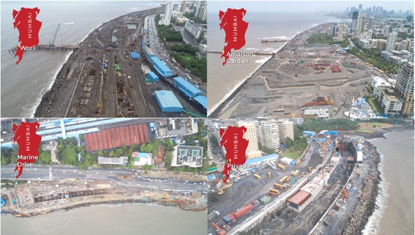 Four high-angle views of coastal landfills