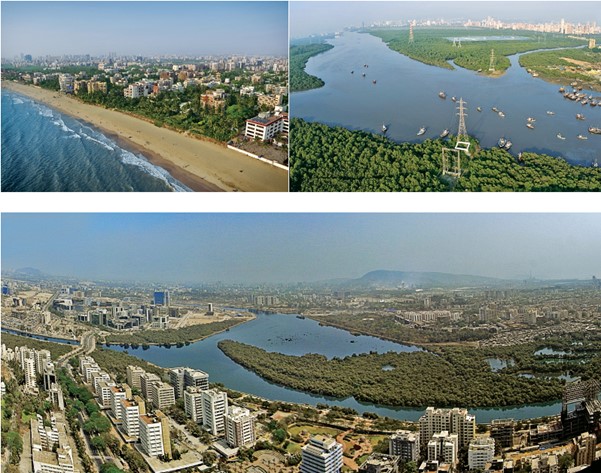 Three pictures of a city next to a body of water
