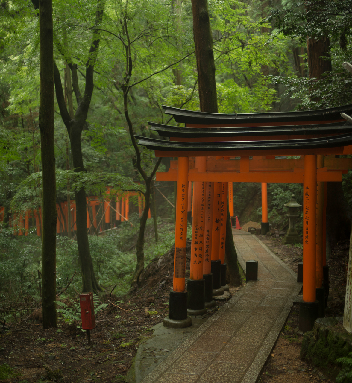 A red gate over a stone path through the forest