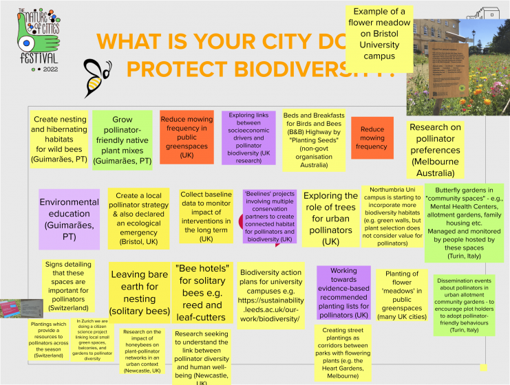 Several different colored boxes with ideas surrounding biodiversity protection