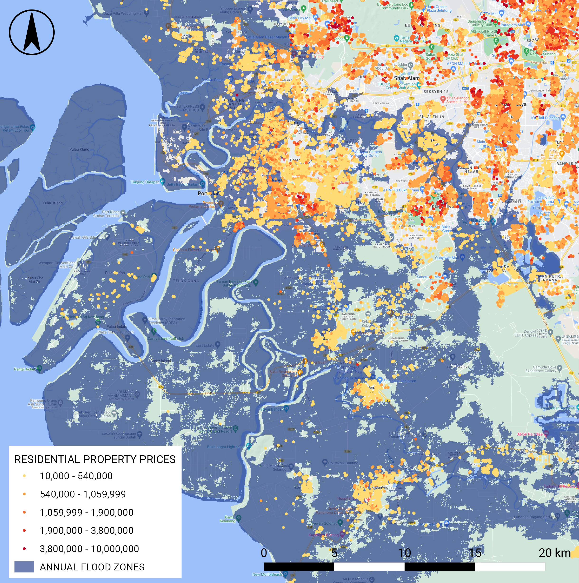 A map of a shoreline representing flood zones and housing prices within them