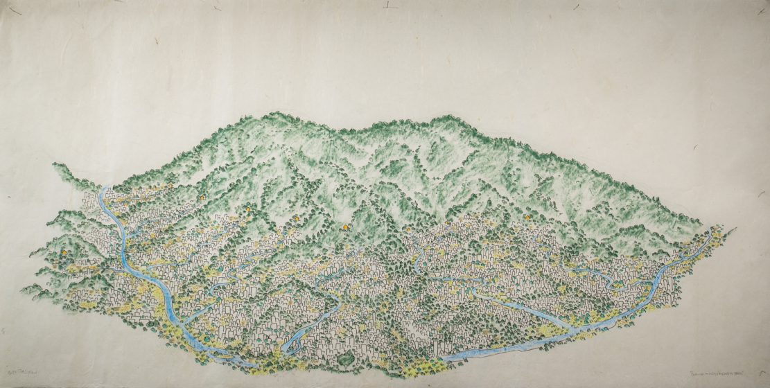 A picture of a drawing of a cityscape on the side of a mountain