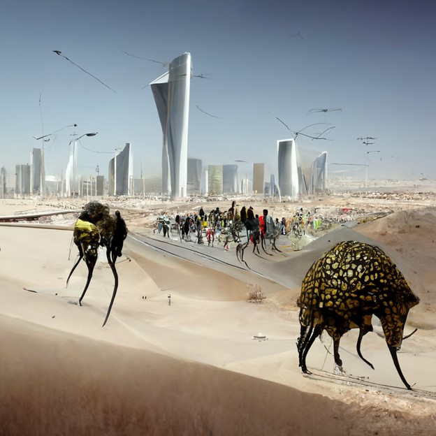 An AI-generated picture of a desert with a bug-looking creatures and a group of people behind them standing far away from spire-like structures