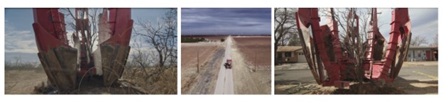 Three pictures of a machine digging out a tree, a truck driving down a road, and a machine replanting a tree