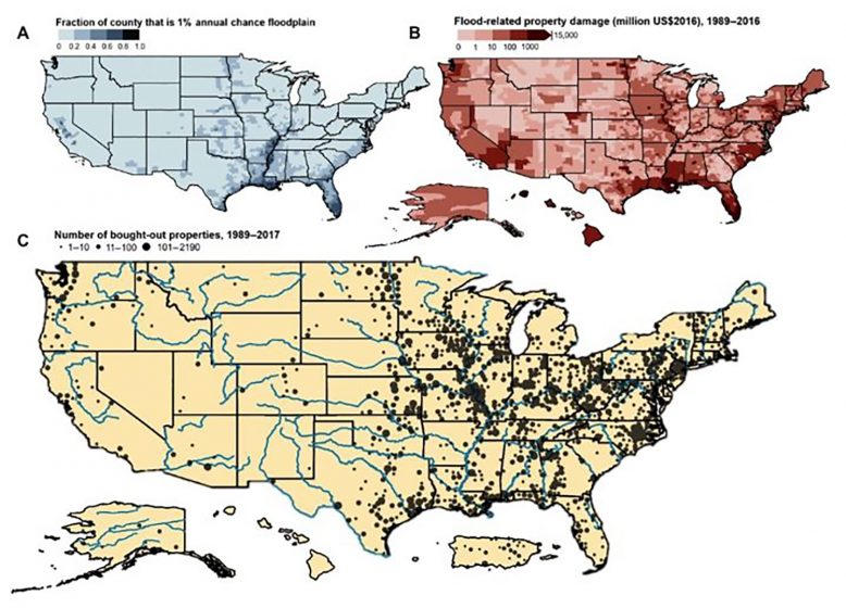 Three maps of the US in blue, red, and yellow