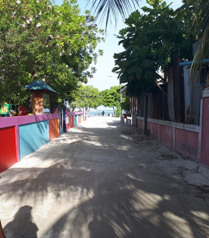 A picture of a colorful alleyway leading to the beach