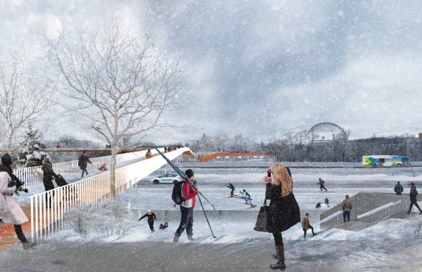 A picture of people standing on snowy concrete overlooking a frozen river