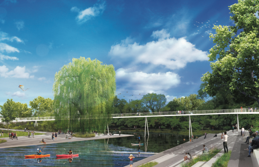 A picture of a bridge with people walking on it with people in kayaks in the water underneath