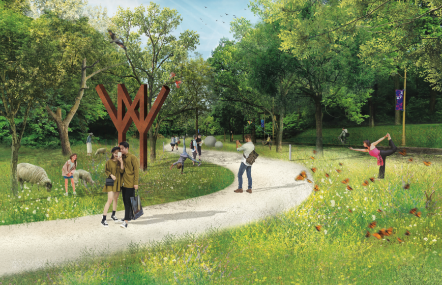 A picture sidewalk trailing through a field of trees with people walking along it