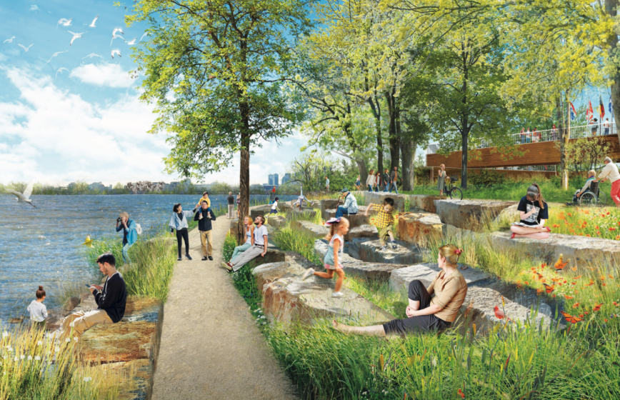 A picture of people sitting at tables, on the grass, and benches in a park