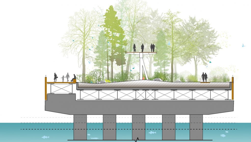 A graphic of a footbridge with trees and people standing on top of it