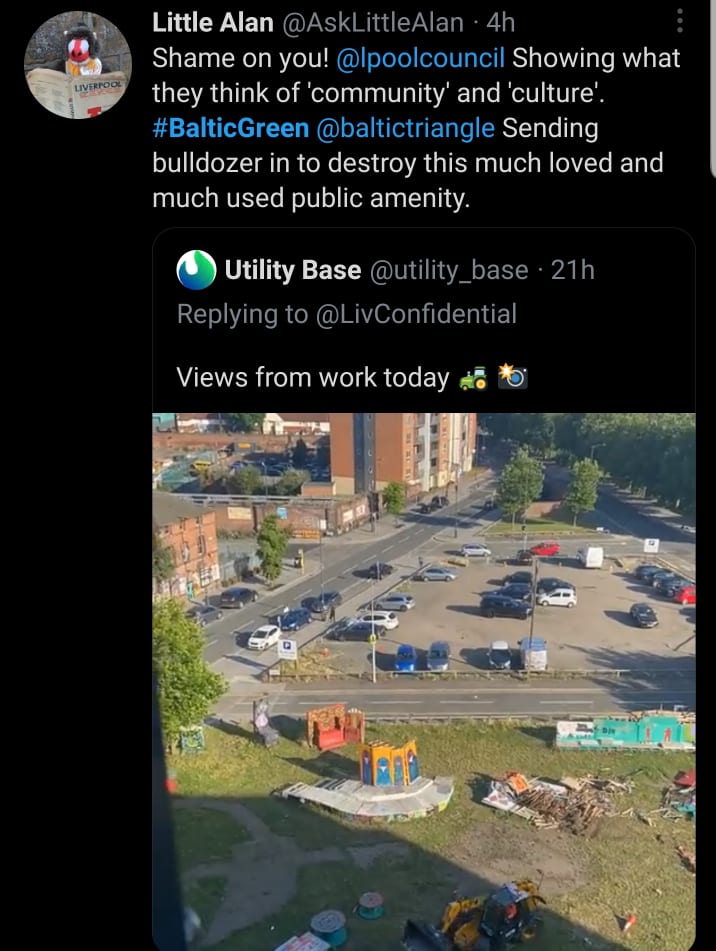 A screenshot of a social media post with a picture of a parking lot with cars in it on the edge of a field